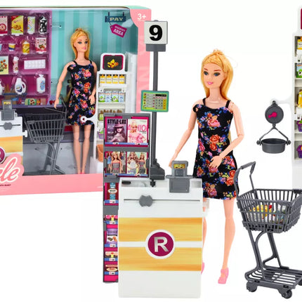 Lėlės rinkinys prekybos centre: lentynos, pirkinių vežimėlis, maisto produktai