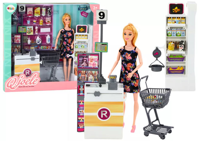 Lėlės rinkinys prekybos centre: lentynos, pirkinių vežimėlis, maisto produktai