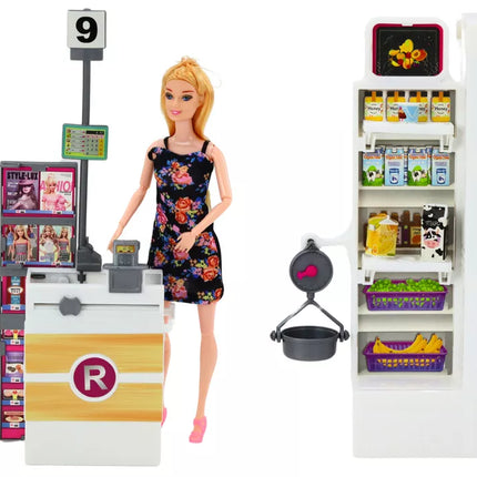 Lėlės rinkinys prekybos centre: lentynos, pirkinių vežimėlis, maisto produktai