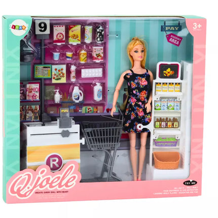 Lėlės rinkinys prekybos centre: lentynos, pirkinių vežimėlis, maisto produktai