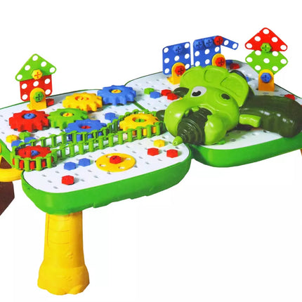 Lagaminas-stalas "Pasidaryk pats" rinkinys, dėlionės kaladėlės, dinozauras, atsuktuvas, 249 detalės.