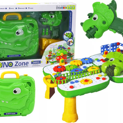Lagaminas-stalas "Pasidaryk pats" rinkinys, dėlionės kaladėlės, dinozauras, atsuktuvas, 249 detalės.