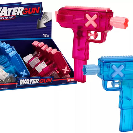 Mažas vandens pistoletas, permatomas mėlynas ir rožinis