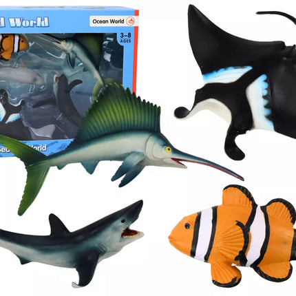 Rinkinys Jūros gyvūnų figūrėlės – Ryklys, Delfinas, Manta, 5 vnt.