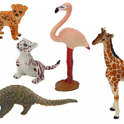 Gyvūnų figūrėlių rinkinys: žirafa, flamingas, dramblys, tigras