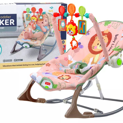 Supamas-lopšys kūdikiui su vibracija, garsais ir siūbavimo funkcija, rožinis liūtas