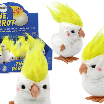 Šokinėjanti papūga užvedamas pliušinis žaislinis papuošimas, baltas