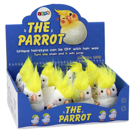 Šokinėjanti papūga užvedamas pliušinis žaislinis papuošimas, baltas