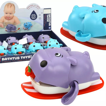 Vėjo prisukamas vonios žaislas plaukiojantis hipopotamas ant lentos