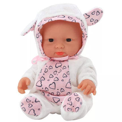 Maža lėlytė kūdikis, baltais drabužiais, skrybėlė, kaspinas, ausytės