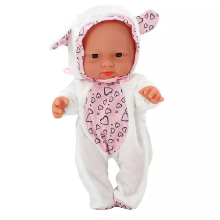 Maža lėlytė kūdikis, baltais drabužiais, skrybėlė, kaspinas, ausytės