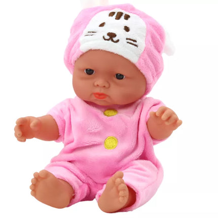 Maža lėlytė, rožiniai drabužiai, zuikio kepurė