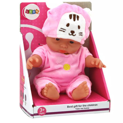 Maža lėlytė, rožiniai drabužiai, zuikio kepurė