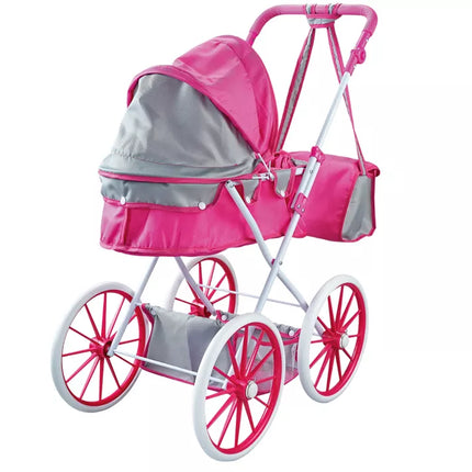 Lėlės vežimėlis metalinis krepšys dideli ratai rožinis
