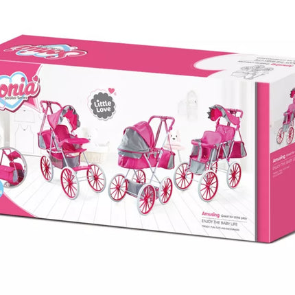 Lėlės vežimėlis metalinis krepšys dideli ratai rožinis