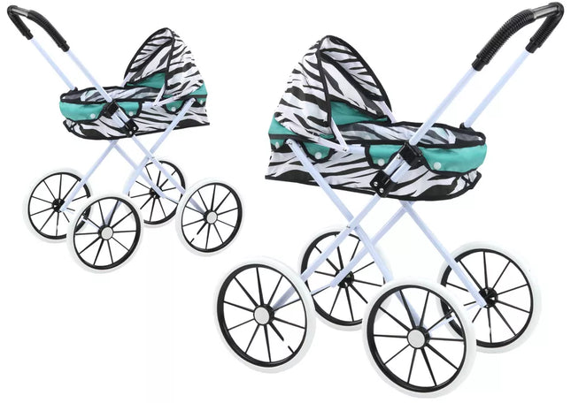 Lėlės vežimėlis dideliais ratais sulankstomas Zebra Turquoise