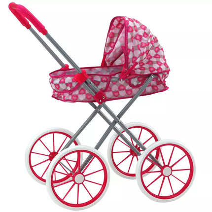 Lėlių vežimėlis dideliais ratais sulankstomas rožinis su širdelėmis