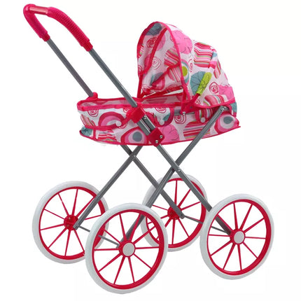 Lėlės vežimėlis dideliais ratais, sulankstomas, rožinis su raštais