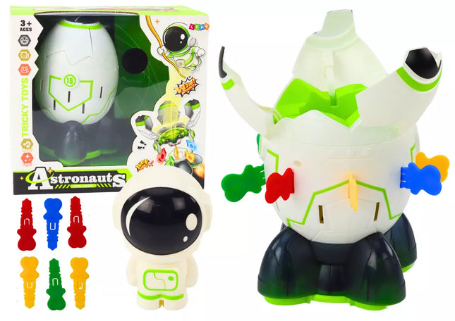 Arkadinio žaidimo kosmonautas šoka iš kosminės raketos