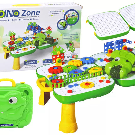 Lagaminas-stalas "Pasidaryk pats" rinkinys, dėlionės kaladėlės, dinozauras, atsuktuvas, 249 detalės.