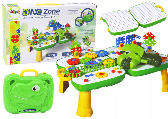 Lagaminas-stalas "Pasidaryk pats" rinkinys, dėlionės kaladėlės, dinozauras, atsuktuvas, 249 detalės.