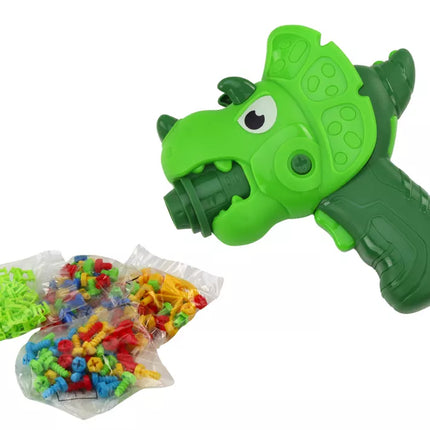 Lagaminas-stalas "Pasidaryk pats" rinkinys, dėlionės kaladėlės, dinozauras, atsuktuvas, 249 detalės.