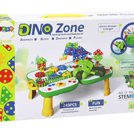 Lagaminas-stalas "Pasidaryk pats" rinkinys, dėlionės kaladėlės, dinozauras, atsuktuvas, 249 detalės.