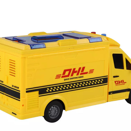 Pristatymo automobilis 1:16, varomas trintimi, atidaromos durelės, šviesos, geltonas, garsai