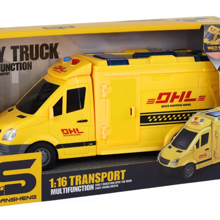 Pristatymo automobilis 1:16, varomas trintimi, atidaromos durelės, šviesos, geltonas, garsai