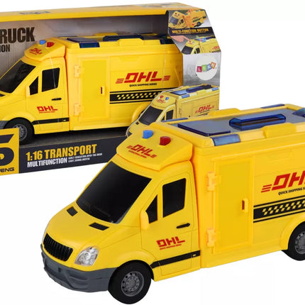 Pristatymo automobilis 1:16, varomas trintimi, atidaromos durelės, šviesos, geltonas, garsai