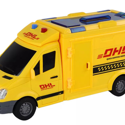 Pristatymo automobilis 1:16, varomas trintimi, atidaromos durelės, šviesos, geltonas, garsai