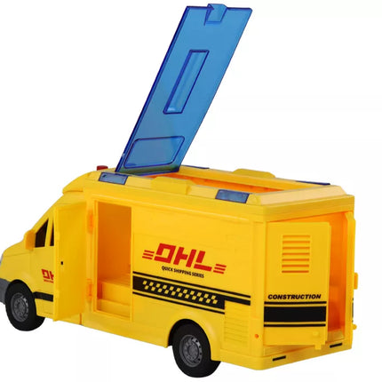 Pristatymo automobilis 1:16, varomas trintimi, atidaromos durelės, šviesos, geltonas, garsai