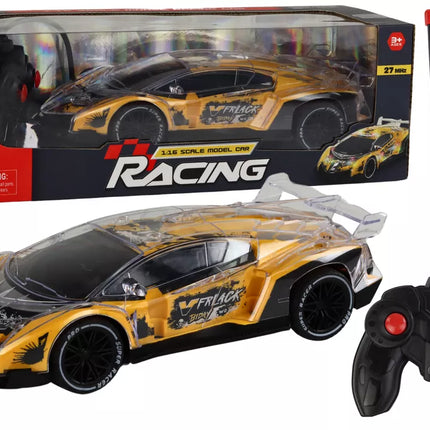 Geltonas nuotoliniu valdomas RC sportinis automobilis, 1:16 mastelis, su šviesomis