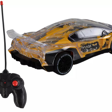 Geltonas nuotoliniu valdomas RC sportinis automobilis, 1:16 mastelis, su šviesomis
