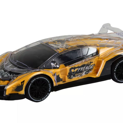Geltonas nuotoliniu valdomas RC sportinis automobilis, 1:16 mastelis, su šviesomis