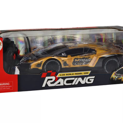 Geltonas nuotoliniu valdomas RC sportinis automobilis, 1:16 mastelis, su šviesomis