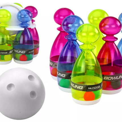 Boulingo rinkinys su 6 skaidriais spalvingais boulingo kėgliais