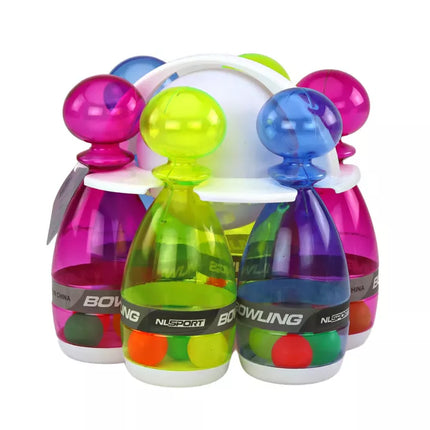 Boulingo rinkinys su 6 skaidriais spalvingais boulingo kėgliais