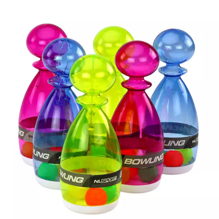 Boulingo rinkinys su 6 skaidriais spalvingais boulingo kėgliais