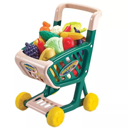 Vaikiškas pirkinių vežimėlis, daržovių ir vaisių rinkinys, žalias