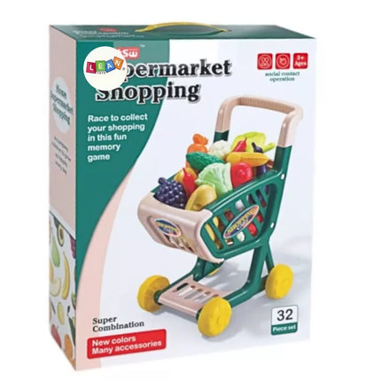 Vaikiškas pirkinių vežimėlis, daržovių ir vaisių rinkinys, žalias