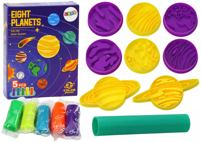 Plastikinis Play-Doh rinkinys: 8 planetų formelės, 5 spalvos