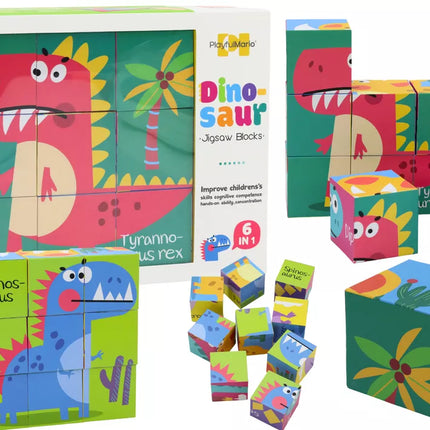 Edukacinis dėlionės 6in1 kaladėlių dėlionė Kubo dėlionė 6 paveikslėliai Dinozaurai 9 el.