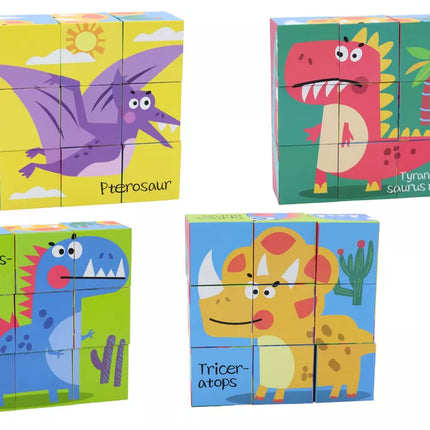 Edukacinis dėlionės 6in1 kaladėlių dėlionė Kubo dėlionė 6 paveikslėliai Dinozaurai 9 el.