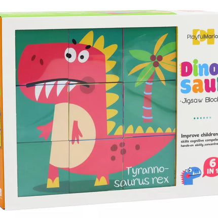 Edukacinis dėlionės 6in1 kaladėlių dėlionė Kubo dėlionė 6 paveikslėliai Dinozaurai 9 el.