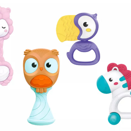 Žaislinių barškučių ir kramtukų rinkinys kūdikiams su gyvūnais, 8 vnt.