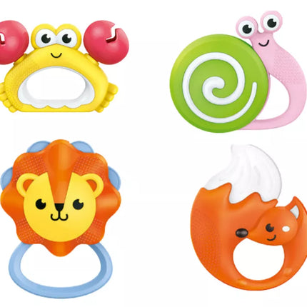 Žaislinių barškučių ir kramtukų rinkinys kūdikiams su gyvūnais, 8 vnt.