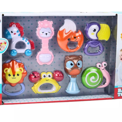 Žaislinių barškučių ir kramtukų rinkinys kūdikiams su gyvūnais, 8 vnt.