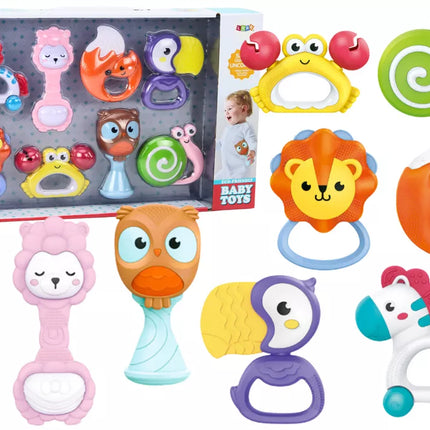 Žaislinių barškučių ir kramtukų rinkinys kūdikiams su gyvūnais, 8 vnt.