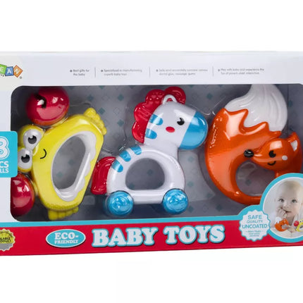 Žaislų rinkinys kūdikiams Barškučiai Kramtukai Zebras Krabas Lapė 3 vnt.